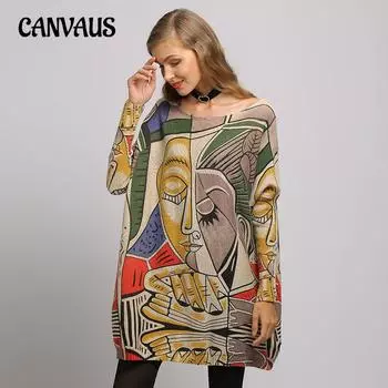 Весенне-осеннее женское трикотажное платье с принтом, свободный пуловер больших размеров, рубашка с вязаной нижней частью One Size белый