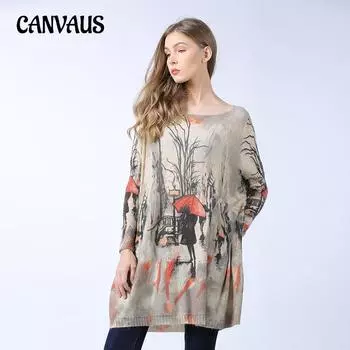 Весенне-осеннее женское трикотажное платье, свитер с принтом, рубашка средней длины со свободной нижней частью, вязаный свитер больших размеров, Tide One Size хаки