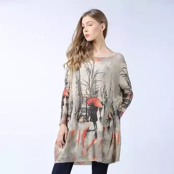 Весенне-осеннее женское трикотажное платье, свитер с принтом, рубашка средней длины со свободной нижней частью, вязаный свитер больших размеров, Tide One Size хаки