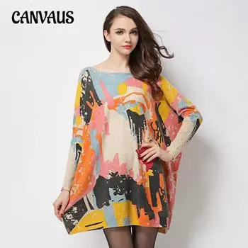 Весенне-осеннее женское трикотажное платье, трикотаж, вязаный свитер больших размеров, свободный пуловер с принтом граффити, вязаный свитер с длинными рукавами