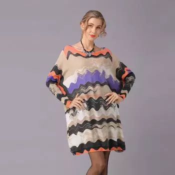 Весенне-осеннее женское вязаное платье, свитер с принтом в стиле ретро, свободный вязаный свитер больших размеров, тонкий пуловер, топы средней длины One Size серый
