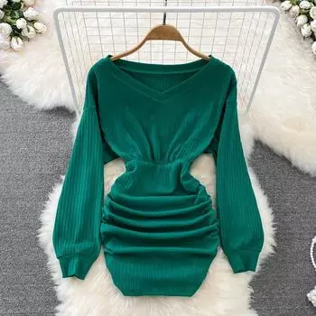 Весенне-осеннее женственное темпераментное платье-фонарь с v-образным вырезом, длинными рукавами и высокой талией, плиссированное маленькое короткое платье с бедрами