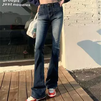 Весенне-осенние эластичные джинсовые брюки-клеш с высокой талией, винтажная уличная одежда, узкие брюки-клеш, потертые джинсы, женские джинсы XS синий