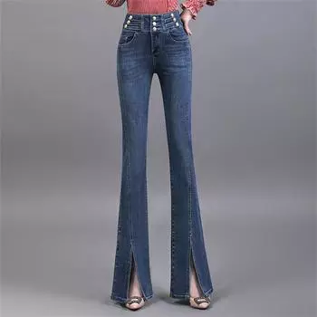 Весенне-осенние эластичные джинсы с высокой талией, расклешенные джинсы для женщин, рваные джинсы, уличная мода, тонкие женские брюки с разрезом спереди S синий