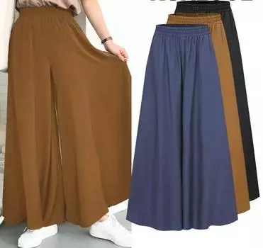 Весенне-осенние эластичные широкие брюки, женские однотонные широкие брюки полной длины, женские повседневные женские брюки размера плюс S синий