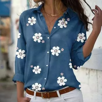 Весенне-осенние блузки с длинными рукавами и лацканами на пуговицах с цветочным принтом, женские свободные рубашки больших размеров, женские топы S