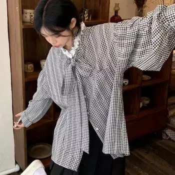 Весенне-осенние блузки с длинными рукавами на шнуровке в клетку в стиле пэчворк, однобортные рубашки для женщин, повседневная свободная одежда в консервативном стиле S чёрный
