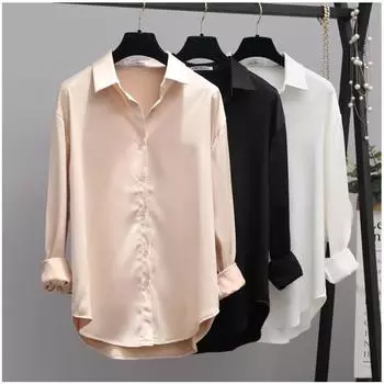 Весенне-осенние блузки с лацканами, однотонная белая, черная свободная рубашка с длинным рукавом, женская офисная блузка, модный топ S белый