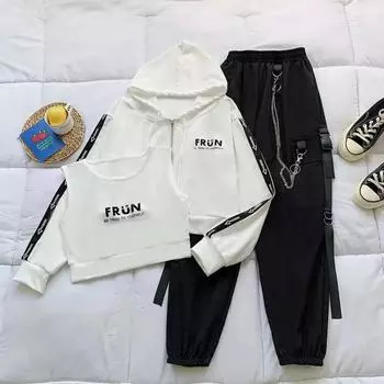 Весенне-осенние брюки-карго, женский костюм, свободный спортивный кардиган с капюшоном + жилет + брюки, комплект из трех частей с принтом букв-цепочек XXL белый