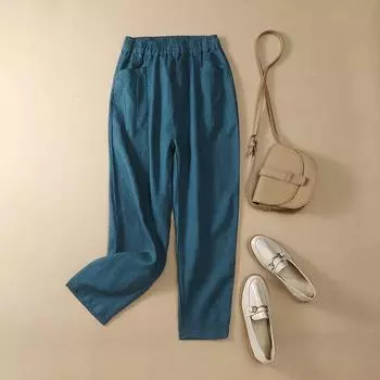 Весенне-осенние брюки-шаровары, женские хлопковые льняные брюки в стиле ретро, повседневные однотонные брюки до щиколотки с карманами для женщин L синий