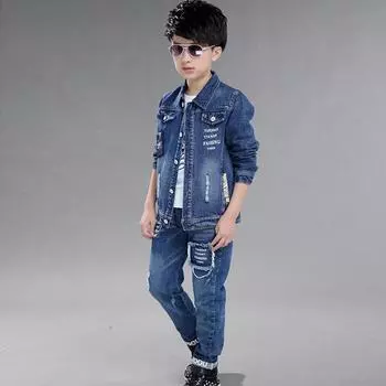 Весенне-осенние детские модные джинсовые костюмы из двух предметов для мальчиков, повседневное пальто с принтом + джинсы 160cm синий
