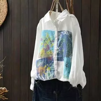 Весенне-осенние двухслойные рубашки из хлопчатобумажной пряжи, женские блузки с воротником с лацканами и длинным рукавом с принтом, белый топ One Size