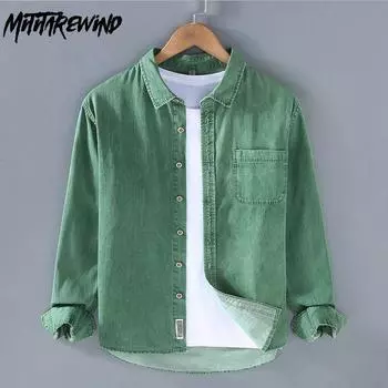 Весенне-осенние джинсовые рубашки с длинными рукавами для мужчин, уличная одежда, ретро-стиль, тяжелая зеленая джинсовая рубашка с карманом, молодежная свободная верхняя рубашка из чистого хлопка M хаки