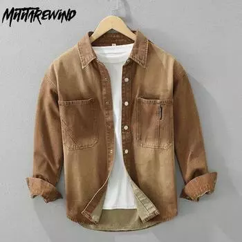 Весенне-осенние джинсовые рубашки в стиле ретро для мужчин. Уличная одежда. Трендовые джинсы с длинными рукавами. Мужские топы. Повседневная рубашка из 100% хлопка. Молодежная свободная рубашка. M синий