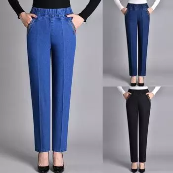 Весенне-осенние джинсы, женские свободные эластичные брюки с эластичной резинкой на талии, повседневные бархатные темные женские брюки с высокой талией для женщин среднего и старшего возраста XXXXXL