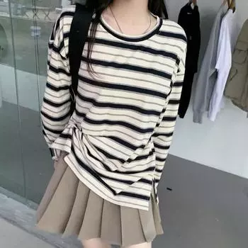 Весенне-осенние футболки с длинными рукавами, женские повседневные топы в полоску, черные, красные топы y2k, женские футболки больших размеров в стиле Харадзюку, уличная одежда M