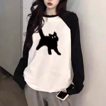 Весенне-осенние футболки с длинными рукавами, женские повседневные топы с мультяшным принтом y2k, женские футболки оверсайз из чистого хлопка в стиле Харадзюку, уличная одежда L