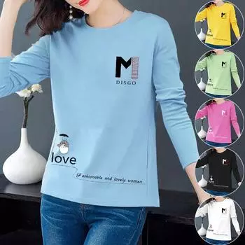 Весенне-осенние футболки с круглым вырезом и длинными рукавами, пуловеры, милые повседневные топы с буквенным принтом, женская блузка 2XL белый