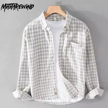 Весенне-осенние клетчатые рубашки с длинными рукавами, повседневная мужская модная рубашка, повседневная свободная рубашка из чистого хлопка с начесом, простой стиль, мужская одежда M серый