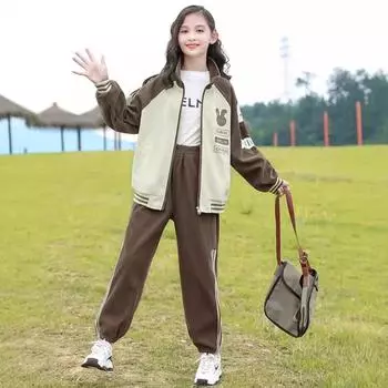 Весенне-осенние комплекты одежды для девочек-подростков, детская модная толстовка на молнии + брюки, 2 предмета, детские спортивные костюмы, 5 6 8 10 12 14 лет 130 кофейный
