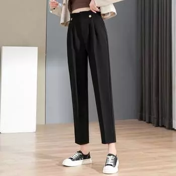 Весенне-осенние корейские свободные повседневные брюки для костюма, женские прямые брюки с высокой талией, элегантные простые однотонные брюки для путешествий S чёрный