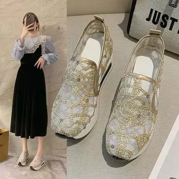 Весенне-осенние летние туфли из сетчатой ткани на наклонном каблуке. Повседневная обувь без шнуровки с низким каблуком на толстой подошве. Модная верхняя одежда. Повседневная обувь без шнуровки. 35 серебряный