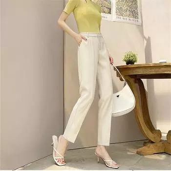 Весенне-осенние модные элегантные облегающие прямые брюки с высокой талией, женские деловые брюки-карандаш, модные однотонные женские классические брюки S чёрный