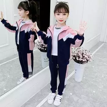 Весенне-осенние модные детские спортивные костюмы для девочек, спортивные костюмы из двух частей с принтом 110 розовый