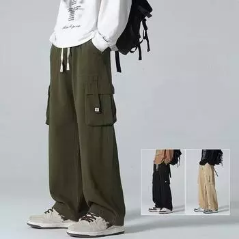 Весенне-осенние модные однотонные комбинезоны, мужские вельветовые широкие брюки, свободные прямые повседневные спортивные брюки для мужчин, M-3XL M чёрный