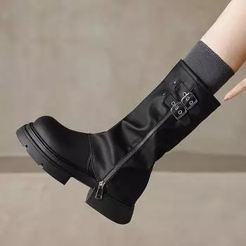 Весенне-осенние модные однотонные женские сапоги до середины икры с круглым носком, пряжкой, средним каблуком, молнией на толстой подошве 35