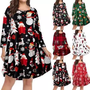 Весенне-осенние модные рождественские платья с мультяшным принтом, женское платье среднего размера с рукавами среднего размера XL