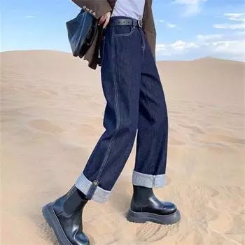 Весенне-осенние модные универсальные джинсы женские прямые джинсовые свободные шикарные повседневные джинсы с застежкой-молнией и пуговицами с высокой талией L синий