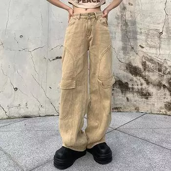 Весенне-осенние модные винтажные мешковатые широкие брюки с готическим принтом, эстетические женские брюки-карго, повседневные джинсовые брюки с высокой талией и посадкой S зелёный