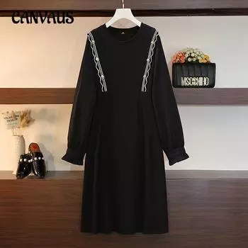 Весенне-осенние модные женские тонкие модные платья средней длины больших размеров с длинными рукавами 2XL чёрный