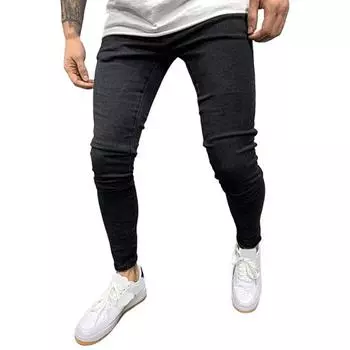 Весенне-осенние мужские джинсовые брюки, сплошной цвет, эластичные эластичные джинсы со средней талией, уличная одежда, узкие джинсы для улицы M темно-синий