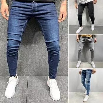 Весенне-осенние мужские джинсовые брюки, сплошной цвет, эластичные эластичные джинсы со средней талией, уличная одежда, узкие джинсы для улицы M темно-синий