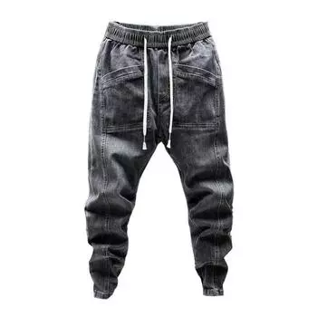 Весенне-осенние мужские джинсы с эластичной завязкой на талии и карманами, дизайнерские джинсовые брюки, однотонные повседневные брюки-карго-шаровары M синий