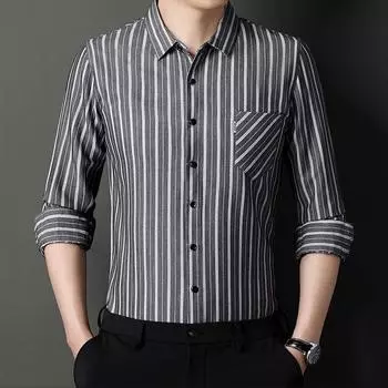 Весенне-осенние мужские хлопковые и льняные рубашки с длинными рукавами, повседневные мужские льняные рубашки в полоску среднего возраста с настоящими карманами M
