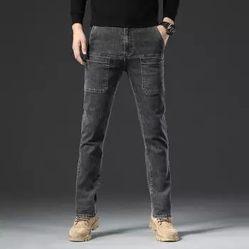 Весенне-осенние мужские повседневные свободные эластичные джинсы с несколькими карманами 36 чёрный