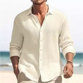 Весенне-осенние мужские рубашки, однотонная вафельная клетчатая рубашка с длинными рукавами, мужские домашние повседневные качественные топы с лацканами S белый