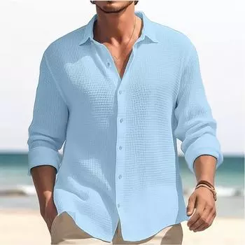 Весенне-осенние мужские рубашки, однотонная вафельная клетчатая рубашка с длинными рукавами, мужские домашние повседневные качественные топы с лацканами S белый