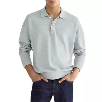 Весенне-осенние мужские рубашки с длинным рукавом, v-образным вырезом, планкой на полупуговицах и отложным воротником, повседневный топ, однотонная футболка M чёрный