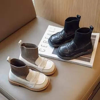 Весенне-осенние новые детские туфли принцессы, эластичные вязаные носки, сапоги для маленьких девочек, осенние ботильоны 23 бежевый