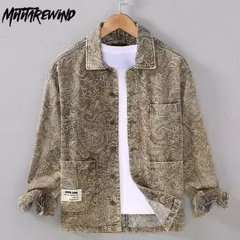 Весенне-осенние новые джинсовые рубашки с длинными рукавами для мужчин, модная мужская уличная одежда, тяжелые джинсовые топы, хлопковые свободные рубашки с принтом, винтажная одежда XL кофейный