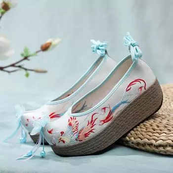 Весенне-осенние новые китайские древние туфли ханьфу, водонепроницаемая обувь на наклонном каблуке и платформе, с высокой вышивкой 35 синий