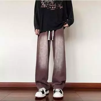 Весенне-осенние новые модные однотонные повседневные джинсы в стиле ретро, свободные прямые универсальные уличные брюки, мужские брюки для мытья полов M чёрный