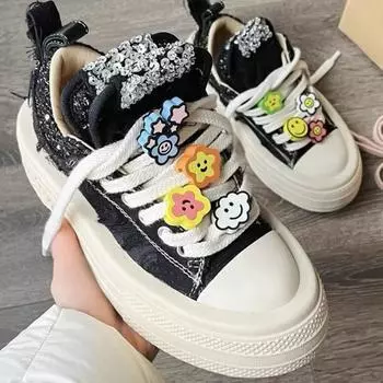 Весенне-осенние новые парусиновые туфли на толстой подошве, женская повседневная обувь с цветочным орнаментом и смайликом 35 белый