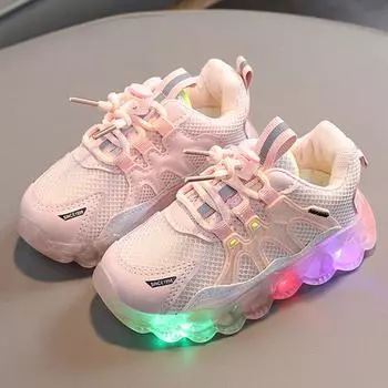 Весенне-осенние новые сетчатые детские кроссовки со светодиодной подсветкой, кроссовки для мальчиков, детская дышащая обувь для девочек, повседневная студенческая теннисная обувь 21 розовый