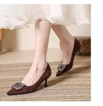 Весенне-осенние новые стильные туфли-лодочки с острым носком, замшевые удобные женские туфли на низком каблуке с неглубоким носком, модные повседневные туфли на высоком каблуке 35