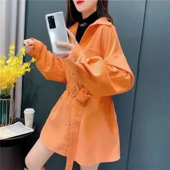 Весенне-осенние новые вельветовые однотонные рубашка и блузка с длинными рукавами, повседневные женские топы средней длины M слоновая кость